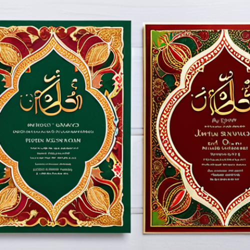 **Prompt:** A vibrant, modern Pakistani wedding invitation design featuring intricate Mehndi patterns and elegant Urdu calligraphy. Use a warm color palette of gold, crimson, and emerald green.